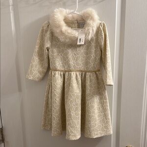 NWT SZ 5 Janie and Jack Cream Formal Dress with Faux Fur Collar